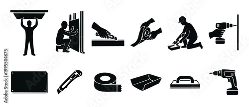 Drywall Installation Icons Set, Construction Worker Tools and Building Process Symbols, Professional Renovation Equipment Vector Graphics for Home Improvement Projects and Manual Labor Service Concept