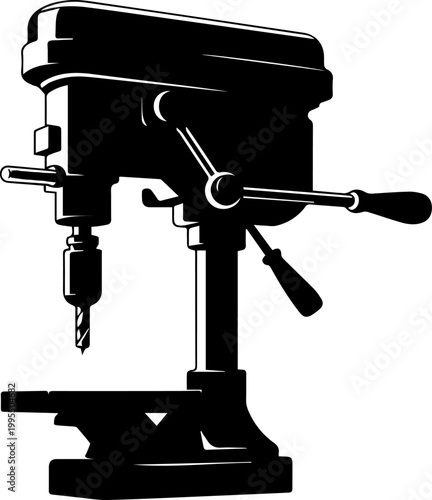 Black and White Vector Illustration of an Industrial Bench Drill Press Power Tool for Workshop Manufacturing and Metalworking