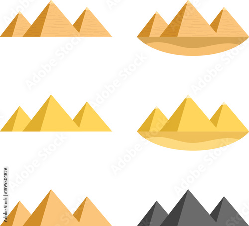 Vector set of Egyptian pyramid icons in various flat styles for travel and history design