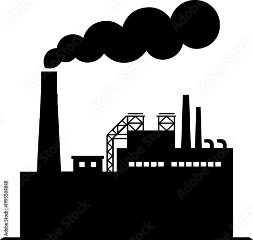Industrial Factory Silhouette with Smoke Billowing from Chimney Black Vector Illustration