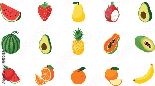 Fresh Fruit Collection Vector Set Featuring Watermelon, Avocado, Pineapple, Orange, and More for Healthy Lifestyle and Nutrition Designs