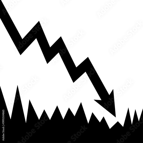 Black and White Vector Graphic of a Downward Zigzag Arrow Representing Economic Crash and Market Decline