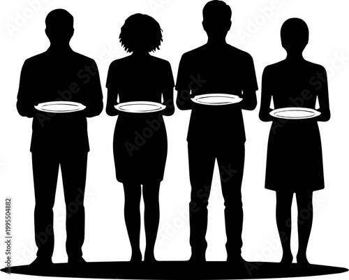 Silhouette of people holding empty plates symbolizing hunger poverty and social issues