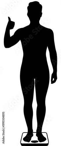 Black Silhouette of a Man Standing on a Scale and Giving a Thumbs Up for Weight Loss Success