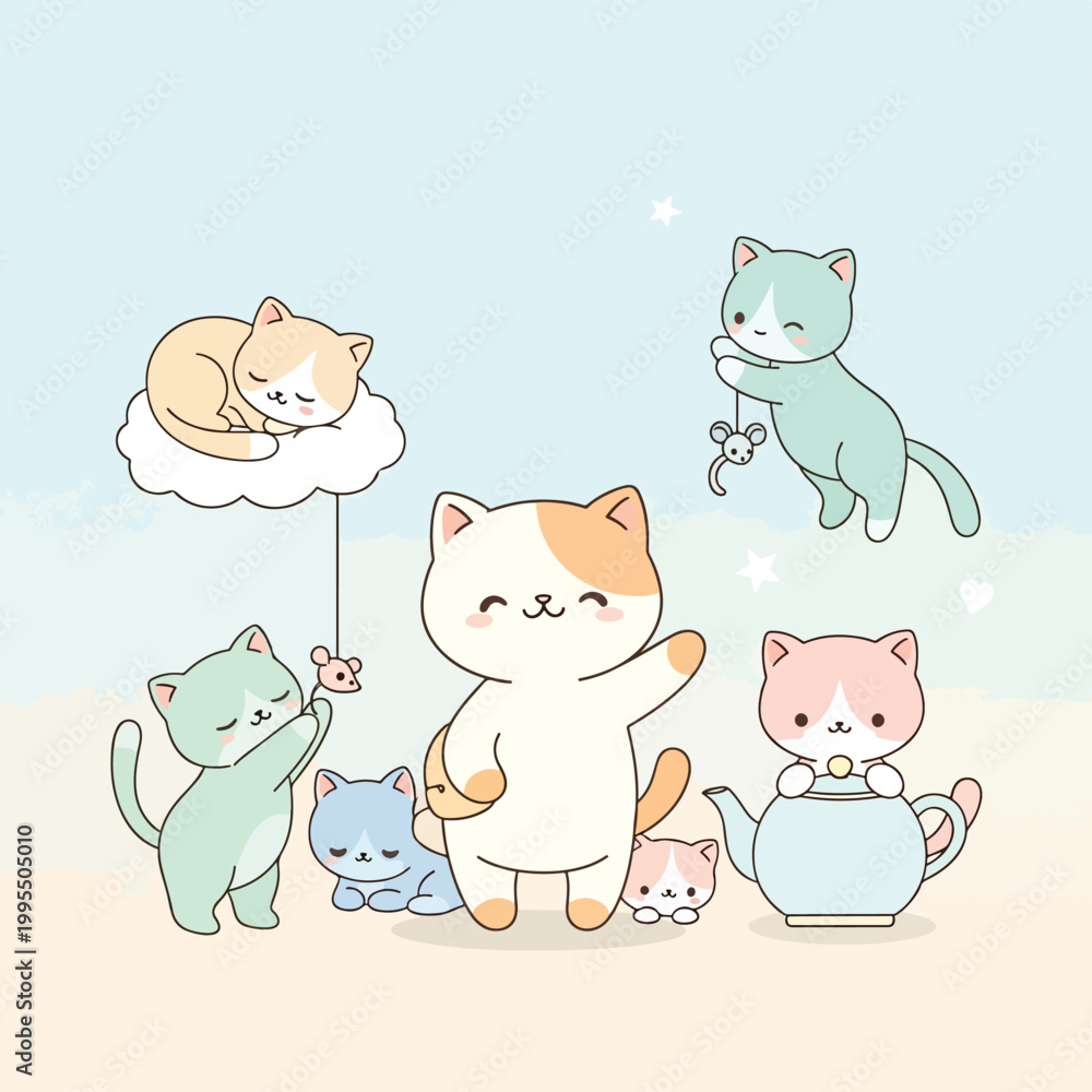 Obraz premium Digital illustration of a group of cute cats playing and relaxing in a whimsical scene with a