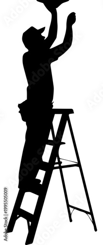 Silhouette of a maintenance worker or electrician on a ladder repairing a ceiling fixture isolated on white