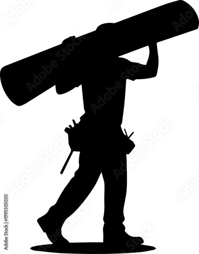 Silhouette of a Construction Worker or Handyman Carrying a Large Pipe and Wearing a Tool Belt