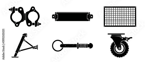 Industrial Equipment Icons Set, Construction Machinery Components, Scaffold Clamp, Metal Grid, Spring Pin, and Swivel Caster Wheel Vector Silhouettes for Engineering, Manufacturing, and Technical Sche