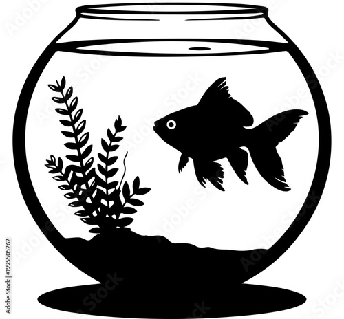 Goldfish in Round Glass Fishbowl with Aquatic Plant Black and White Silhouette Vector