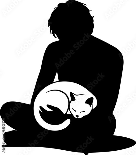 Minimalist silhouette of a person sitting cross legged holding a sleeping cat, black and white vector illustration of human pet bonding