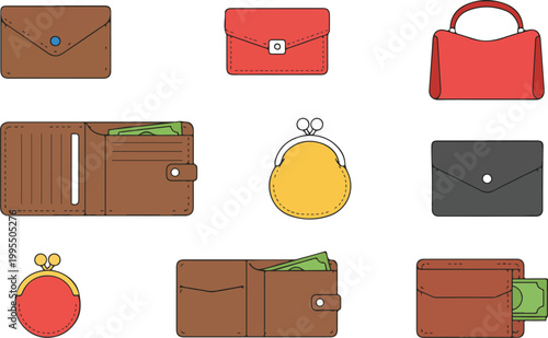 Personal wallet icon set with bifold wallets coin purses and clutches