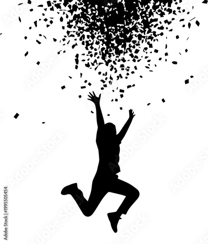 Black Silhouette of a Joyful Person Jumping with Falling Confetti Vector Illustration