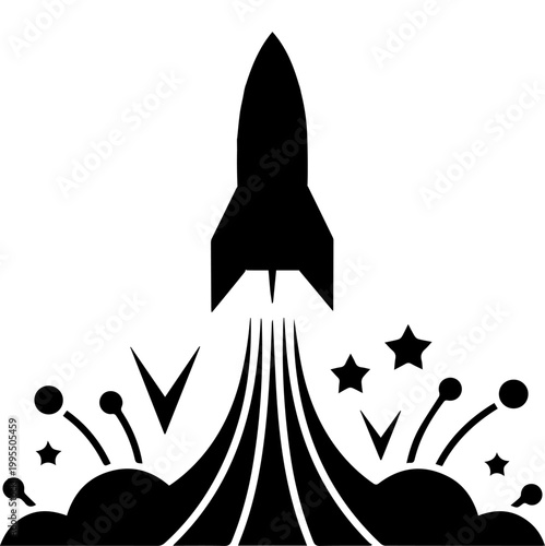 Black Silhouette of a Rocket Launching with Smoke and Stars Vector Icon