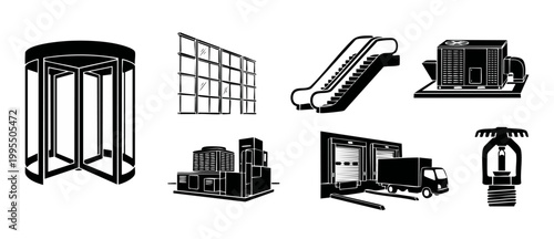 Commercial building infrastructure icons set, revolving door and escalator, warehouse loading bay, HVAC unit, modern architecture elements for real estate development and construction site safety plan