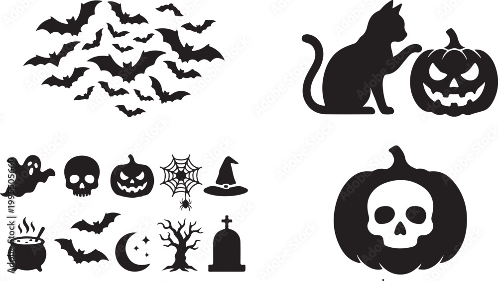 Obraz premium Halloween icons, black silhouette set, spooky symbols, 25 elements
