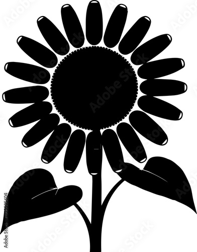 Black and White Sunflower Vector Illustration with Stem and Leaves Graphic Resource