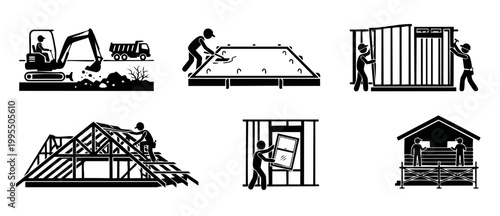 Construction process icon set, building site workflow steps, housing development stages including excavating, framing, roofing, and wall installation for residential home builders and contractors.