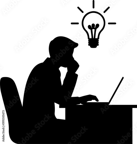 Businessman Silhouette Working on Laptop with Idea Light Bulb Icon Representing Innovation Creativity and Problem Solving