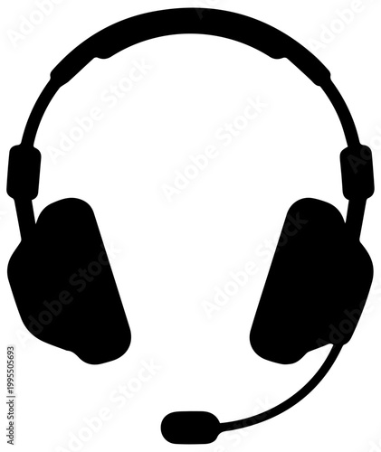 Black Silhouette of Professional Gaming Headset with Boom Microphone Isolated on White Background Vector Illustration