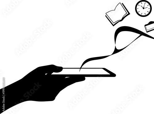 Minimalist Silhouette of Hand Holding Tablet with Flying Book and Clock Icons Representing Digital Learning and Time Management Concept