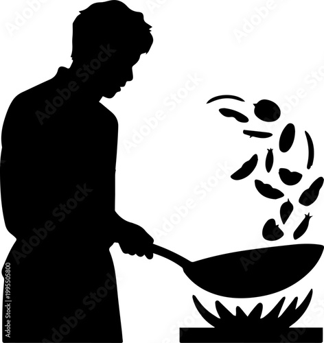 Black Silhouette of a Professional Chef Tossing Food in a Frying Pan Over a Gas Stove