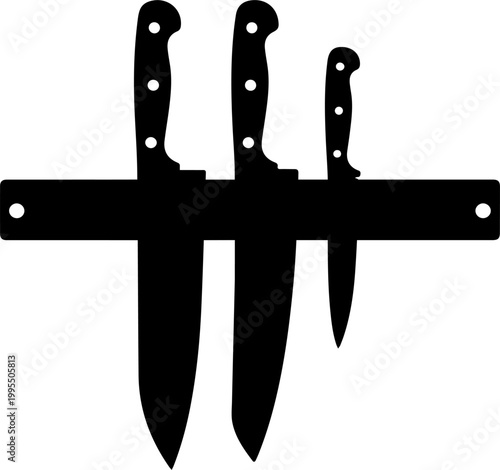 Black Silhouette Vector Illustration of Three Kitchen Knives on a Magnetic Strip Holder Isolated on White Background