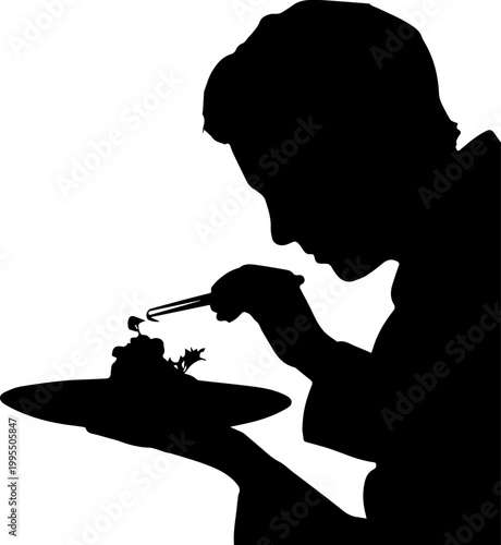 Black Silhouette of a Professional Chef Carefully Plating Gourmet Food with Tweezers