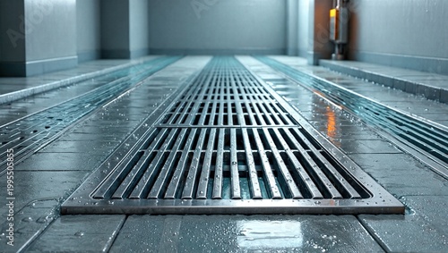 Wide floor drain grate in a clean industrial corridor with wet tiled flooring