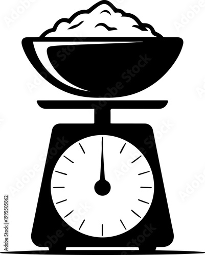 Black and White Silhouette of a Mechanical Kitchen Scale with a Bowl of Food for Cooking and Baking Concepts