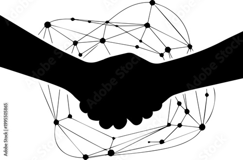 Black Handshake Silhouette over Digital Network Connection Background