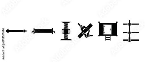 Scaffolding Construction Components Icon Set - Industrial Steel Equipment Parts for Building Structures, Safety Clamps, Base Jacks, and Metal Frames for Professional Engineering Projects and Site Deve