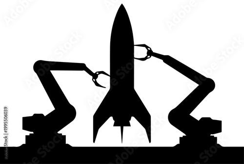 Black Silhouette of Robotic Arms Assembling a Rocket for Space Exploration Vector Illustration
