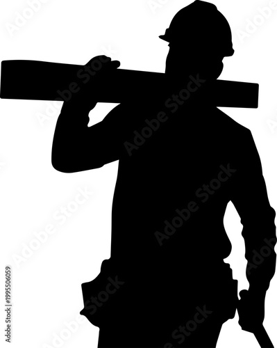 Black silhouette of a construction worker wearing a hard hat and carrying a wooden beam on his shoulder isolated vector illustration