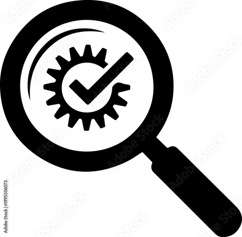 Magnifying Glass Icon with Gear and Checkmark for Quality Control and Audit Vector Illustration