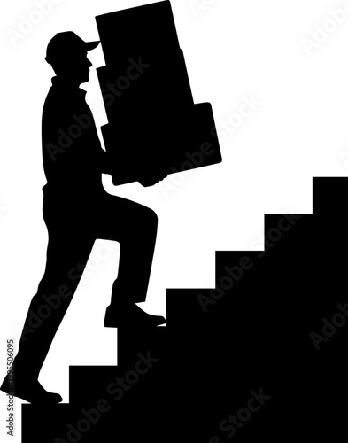 Silhouette of a delivery person carrying a stack of boxes while climbing stairs for home or office relocation services