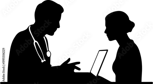 Silhouette of a male doctor consulting with a female patient using a laptop during a medical appointment
