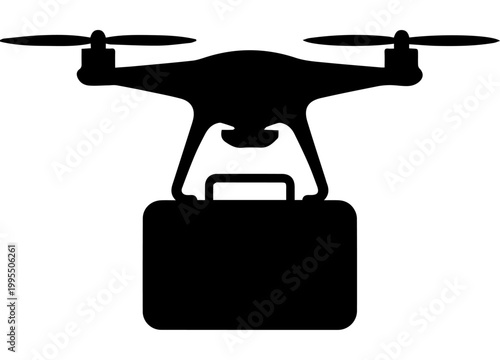 Black Silhouette Illustration of an Unmanned Aerial Vehicle Drone Carrying a Delivery Package or Case on White Background Vector Graphic