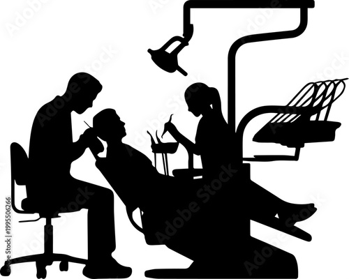 Silhouette Illustration of a Dentist and Assistant Performing a Procedure on a Patient in a Dental Chair