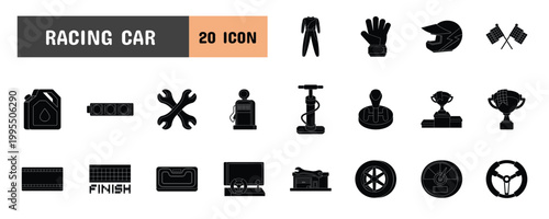 20 Racing Car Glyph Icon Illustration Set