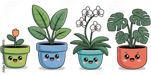 Cartoon potted plant illustration, cute smiling face artwork, playful botanical design concept scene, cheerful houseplant representation, flat vector illustration