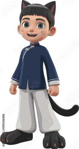 Cat‑like fantasy character illustration, anthropomorphic artwork, hybrid feline human design concept scene, playful animated figure representation, flat vector illustration
