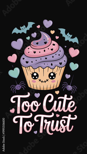 Cute spooky cupcake cartoon illustration, playful Halloween artwork, whimsical dessert design concept scene, colorful character representation, flat vector illustration