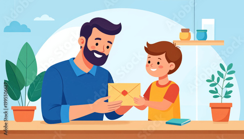 Father and Son Exchanging Gift Envelope.