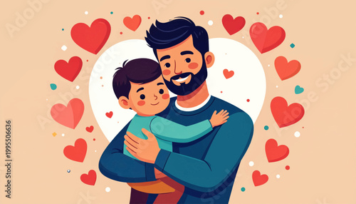 Father and Son Hugging with Hearts.