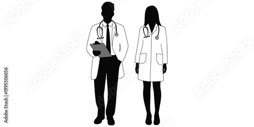 Doctor silhouette illustration, medical professional artwork, healthcare design concept scene, hospital staff representation, clinical expertise symbol, flat vector illustration