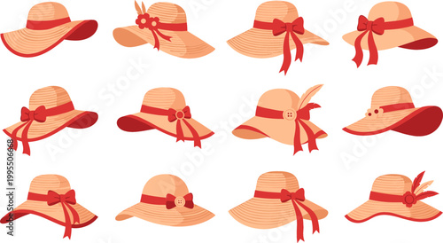 Stylish Red Ribbon Straw Hats Vector Set Featuring Different Designs for Summer, Fashion, and Beach Accessories
