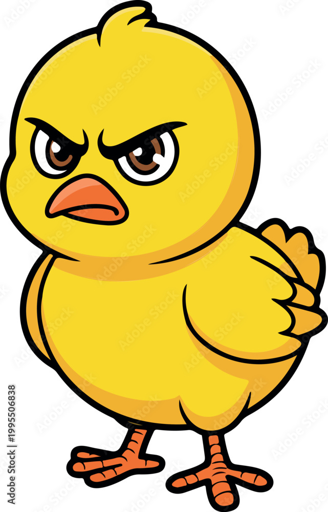 Fototapeta premium Cute mischievous yellow chick with crossed arms in flat vector style, playful childlike character illustration for kids nursery and fun design