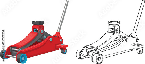 Red hydraulic car jack and outline for lifting vehicles isolated on white background