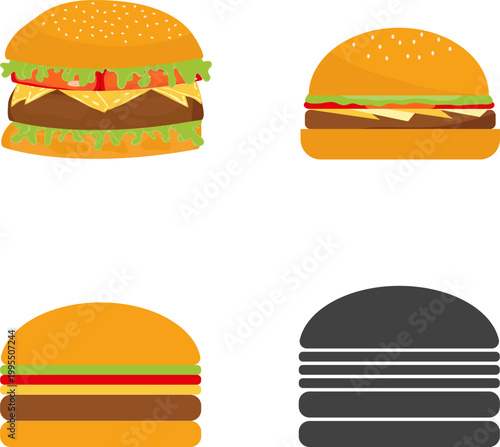 Vector set of four burger icons in detailed minimalist and silhouette styles for fast food design