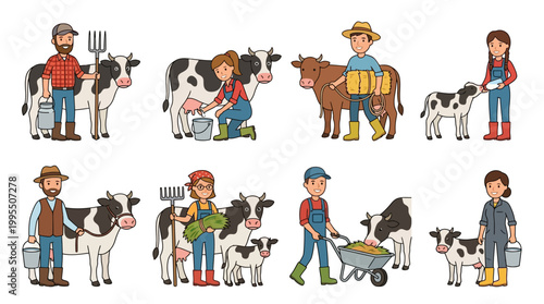 A collection of friendly cartoon farmers interacting with cows and calves while performing daily agricultural tasks on a rural farm